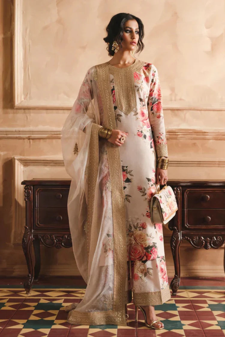 HS Collectionss Winter 3PC Shamoze Silk Printed Embroidered Suit with Soft Silk Dupatta & Embroidered Trouser HSC–1721