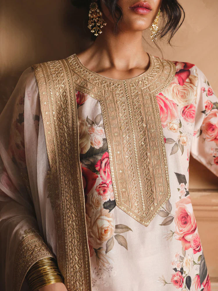 HS Collectionss Winter 3PC Shamoze Silk Printed Embroidered Suit with Soft Silk Dupatta & Embroidered Trouser HSC–1721