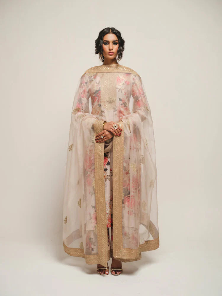 HS Collectionss Winter 3PC Shamoze Silk Printed Embroidered Suit with Soft Silk Dupatta & Embroidered Trouser HSC–1721