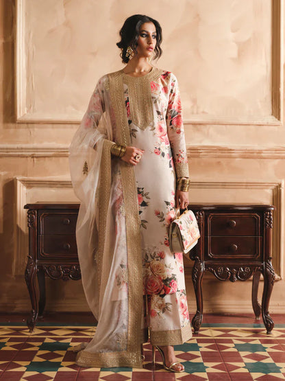 HS Collectionss Winter 3PC Shamoze Silk Printed Embroidered Suit with Soft Silk Dupatta & Embroidered Trouser HSC–1721