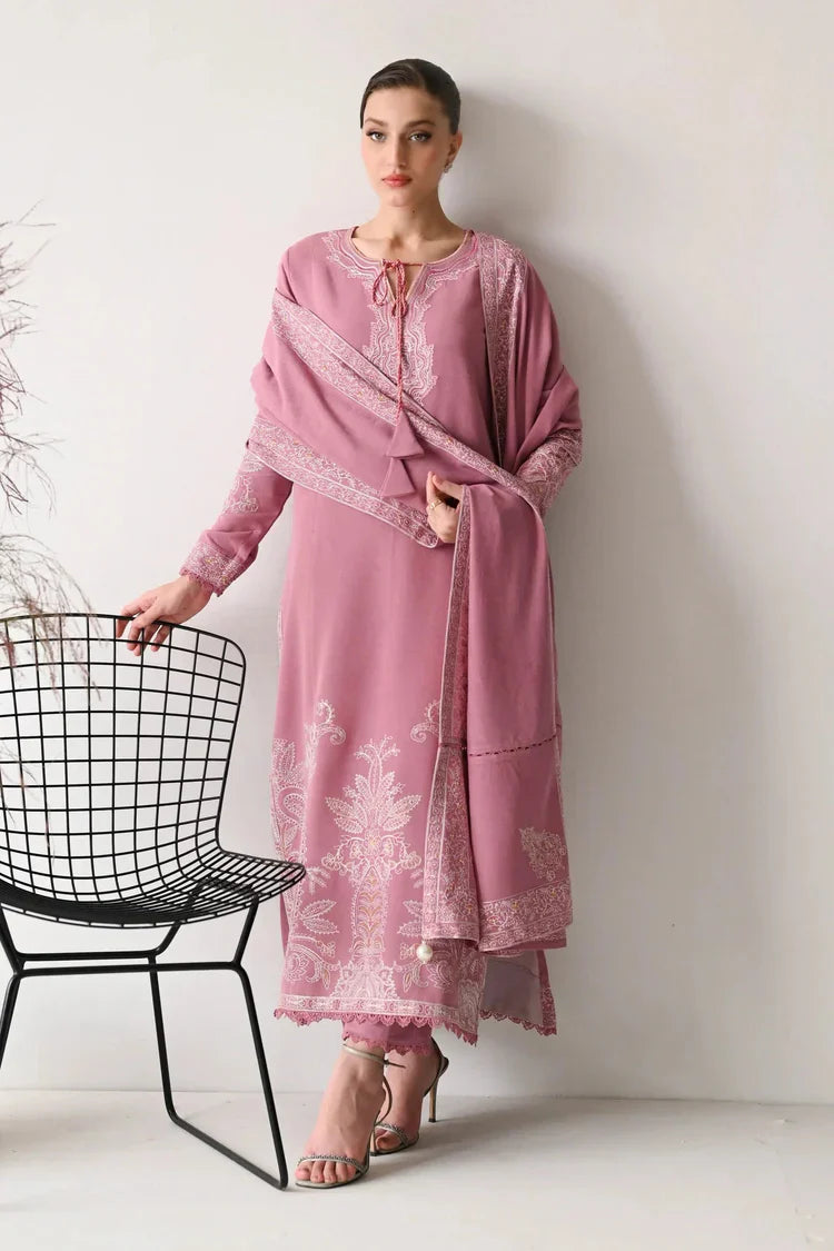 HS Collectionss Winter 3PC Dhanak Embroidered Suit with Matching Shawl – Dusty Pink HSC-4189