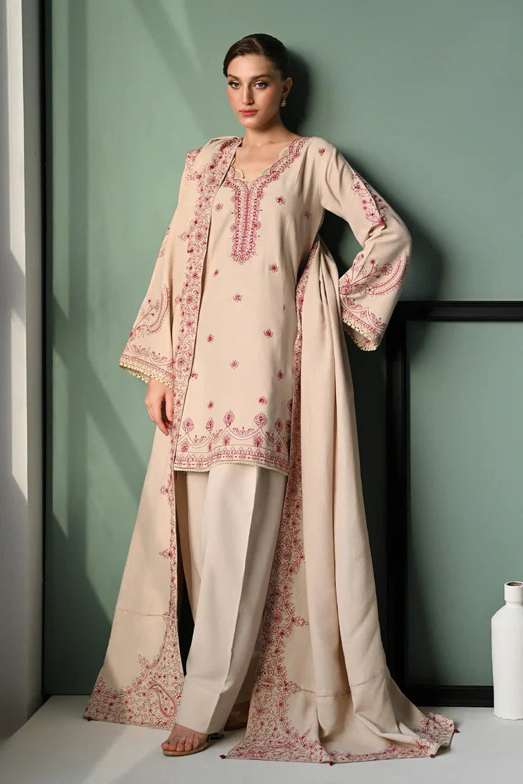 HS Collectionss Winter 3PC Dhanak Embroidered Suit – Shirt, Embroidered Shawl & Trouser | HSC-4352